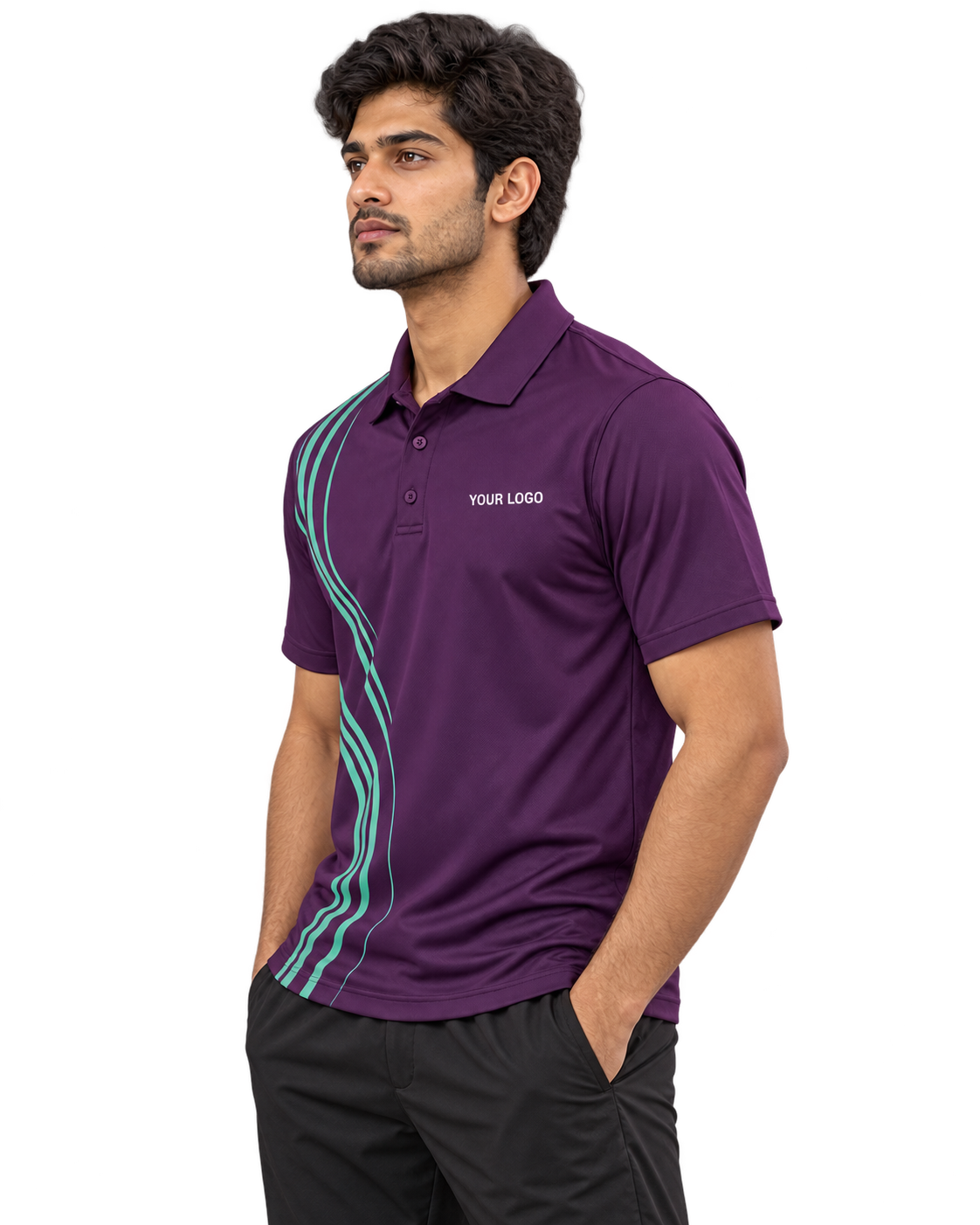 Court Current Custom Name & Number Sports Polo — single Indian male model left-side view