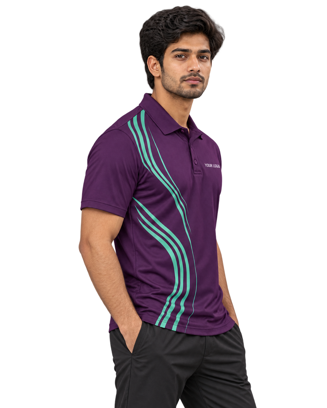 Court Current Custom Name & Number Sports Polo — single Indian male model right-side view