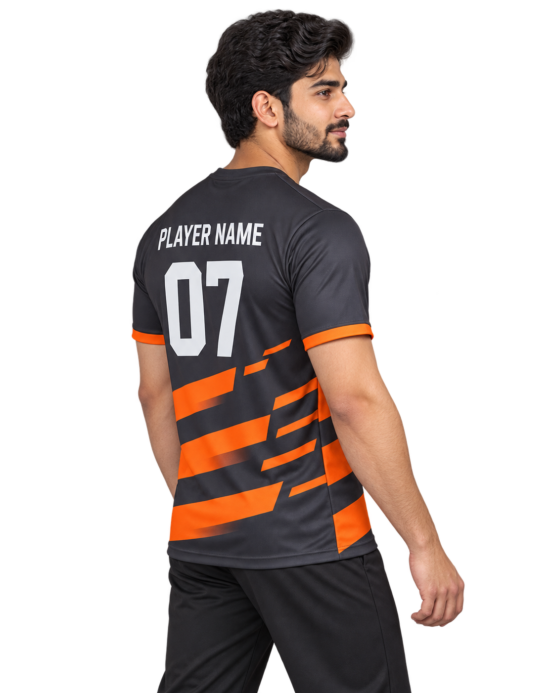 Ember Strike Custom Name & Number Jersey — single Indian male model right-side view