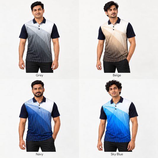 Grey, Beige, Navy and Sky Blue sports jerseys shown on four different Indian male models