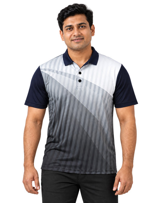 Grey front sports polo on one Indian male model, seamless studio cutout
