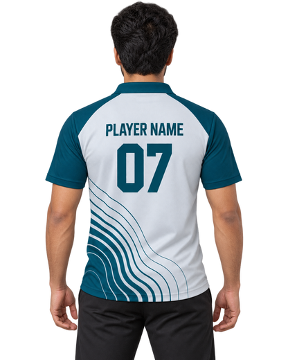 Glacier Flow Custom Name & Number Sports Polo — single Indian male model back view