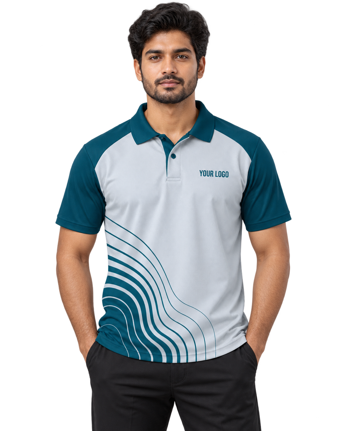 Glacier Flow Custom Name & Number Sports Polo — single Indian male model front view