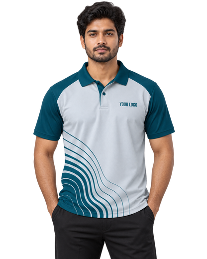 Glacier Flow Custom Name & Number Sports Polo — single Indian male model front view