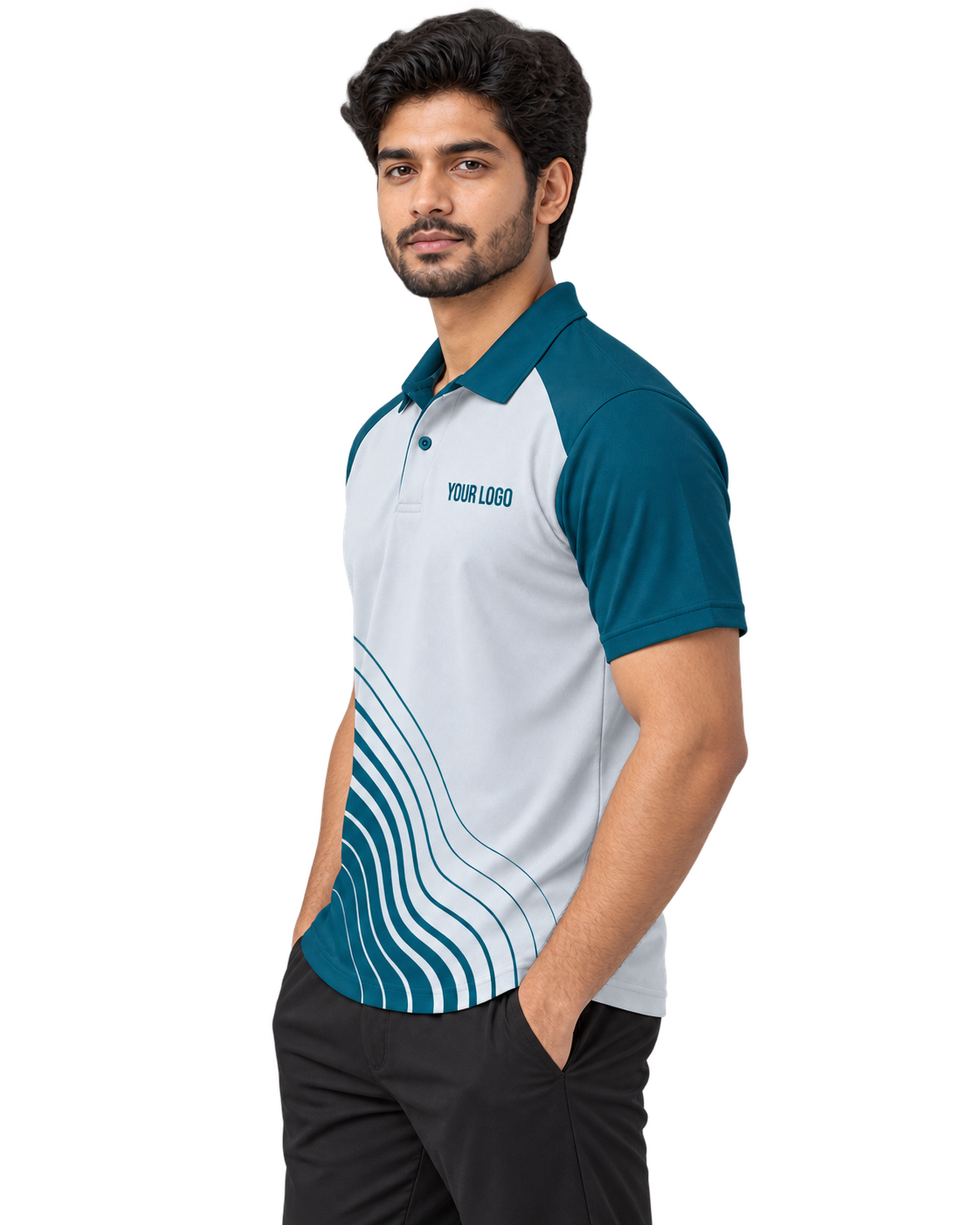 Glacier Flow Custom Name & Number Sports Polo — single Indian male model left-side view