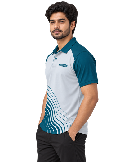 Glacier Flow Custom Name & Number Sports Polo — single Indian male model left-side view