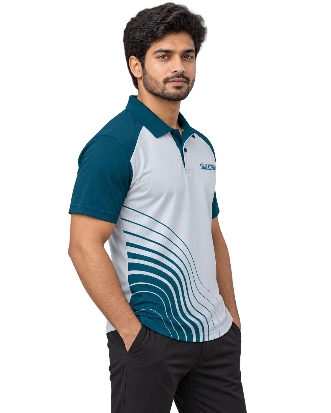 Glacier Flow Custom Name & Number Sports Polo — single Indian male model right-side view