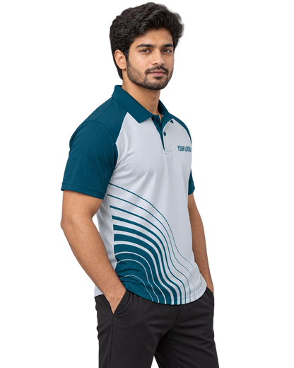 Glacier Flow Custom Name & Number Sports Polo — single Indian male model right-side view
