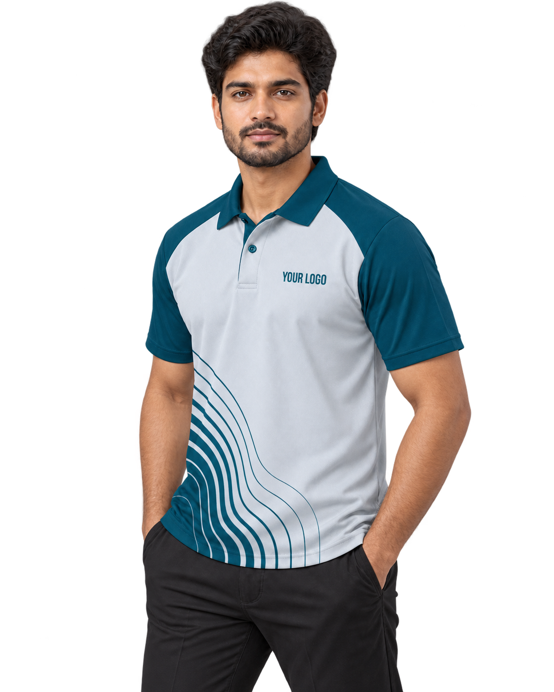 Glacier Flow Custom Name & Number Sports Polo — single Indian male model three-quarter view