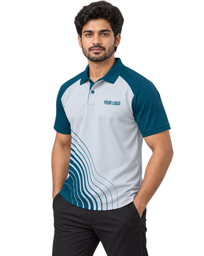 Glacier Flow Custom Name & Number Sports Polo — single Indian male model three-quarter view