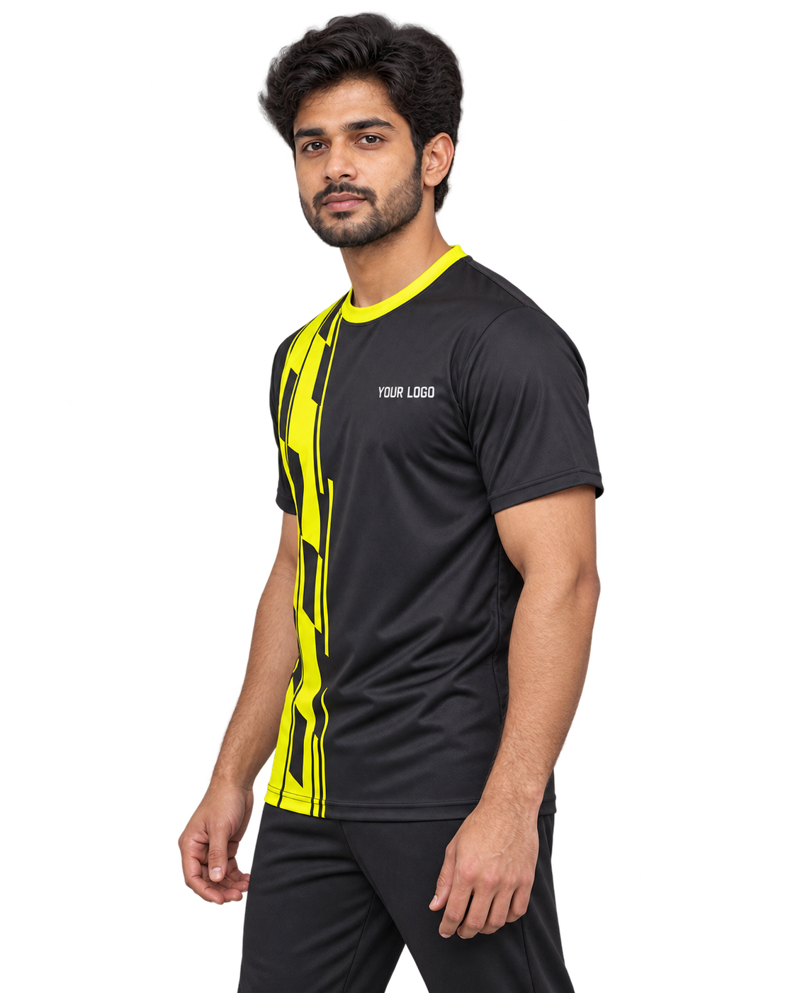 Neon Drift Custom Name & Number Jersey — single Indian male model left-side view
