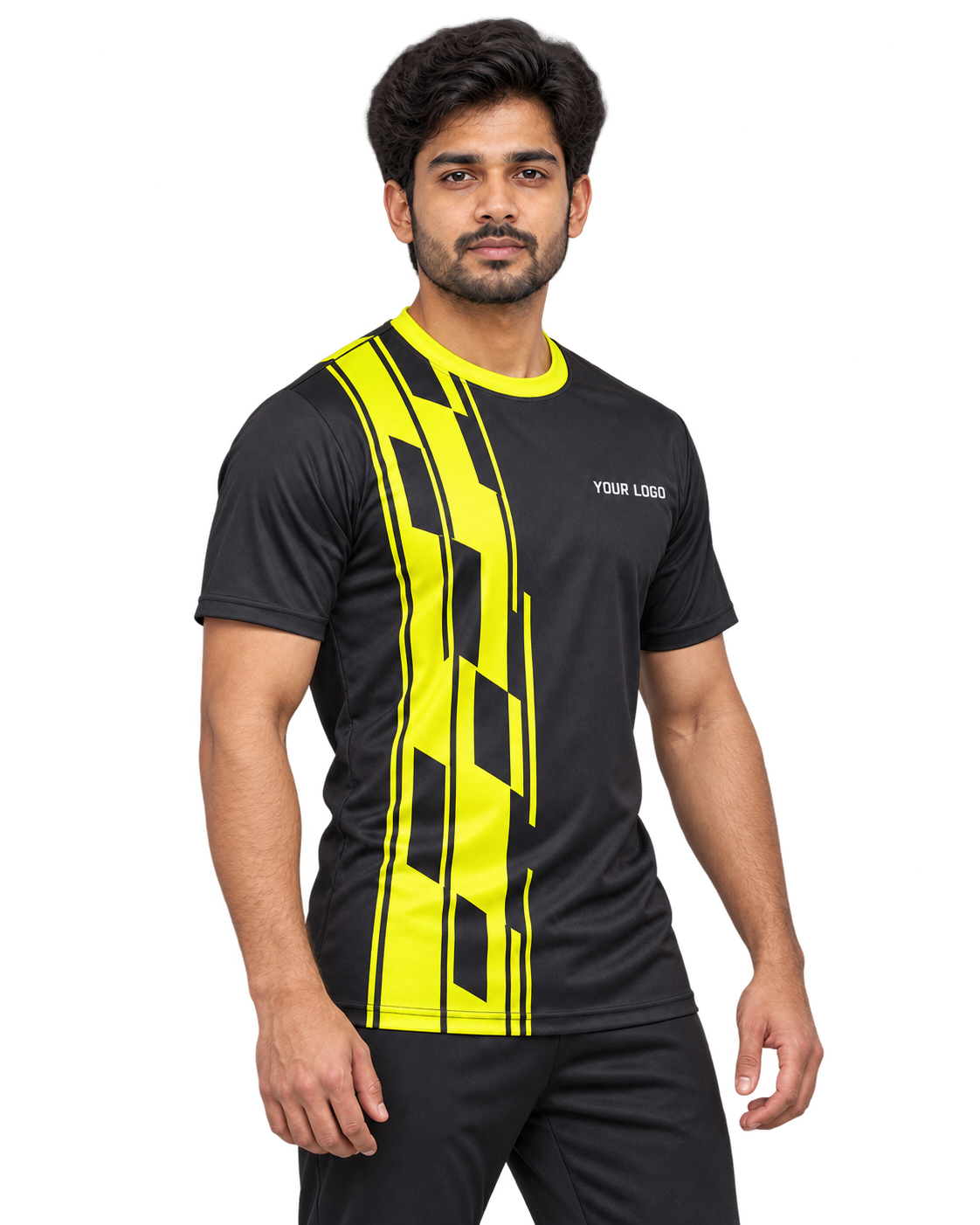Neon Drift Custom Name & Number Jersey — single Indian male model three-quarter view