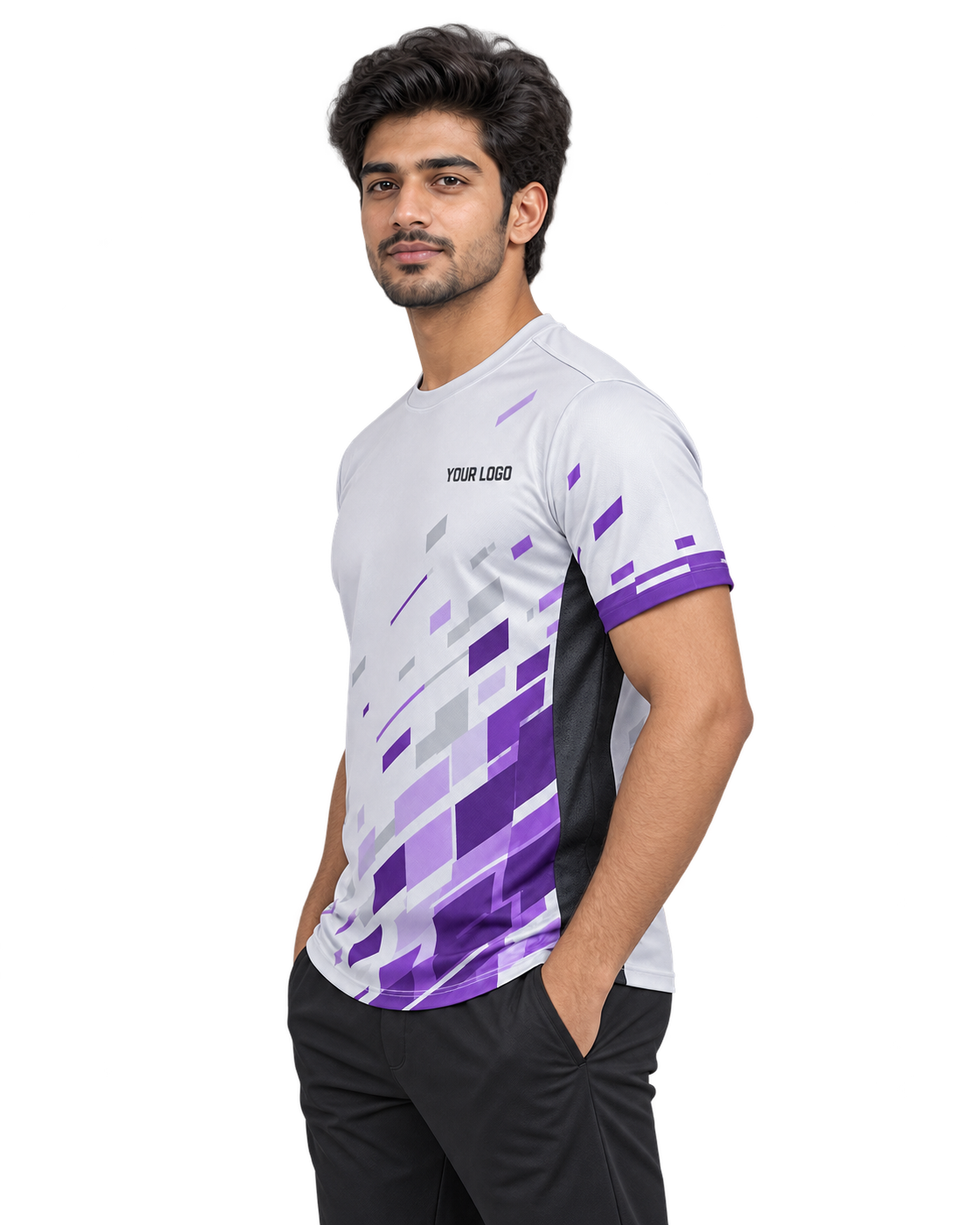 Pixel Sprint Custom Name & Number Jersey — single Indian male model left-side view
