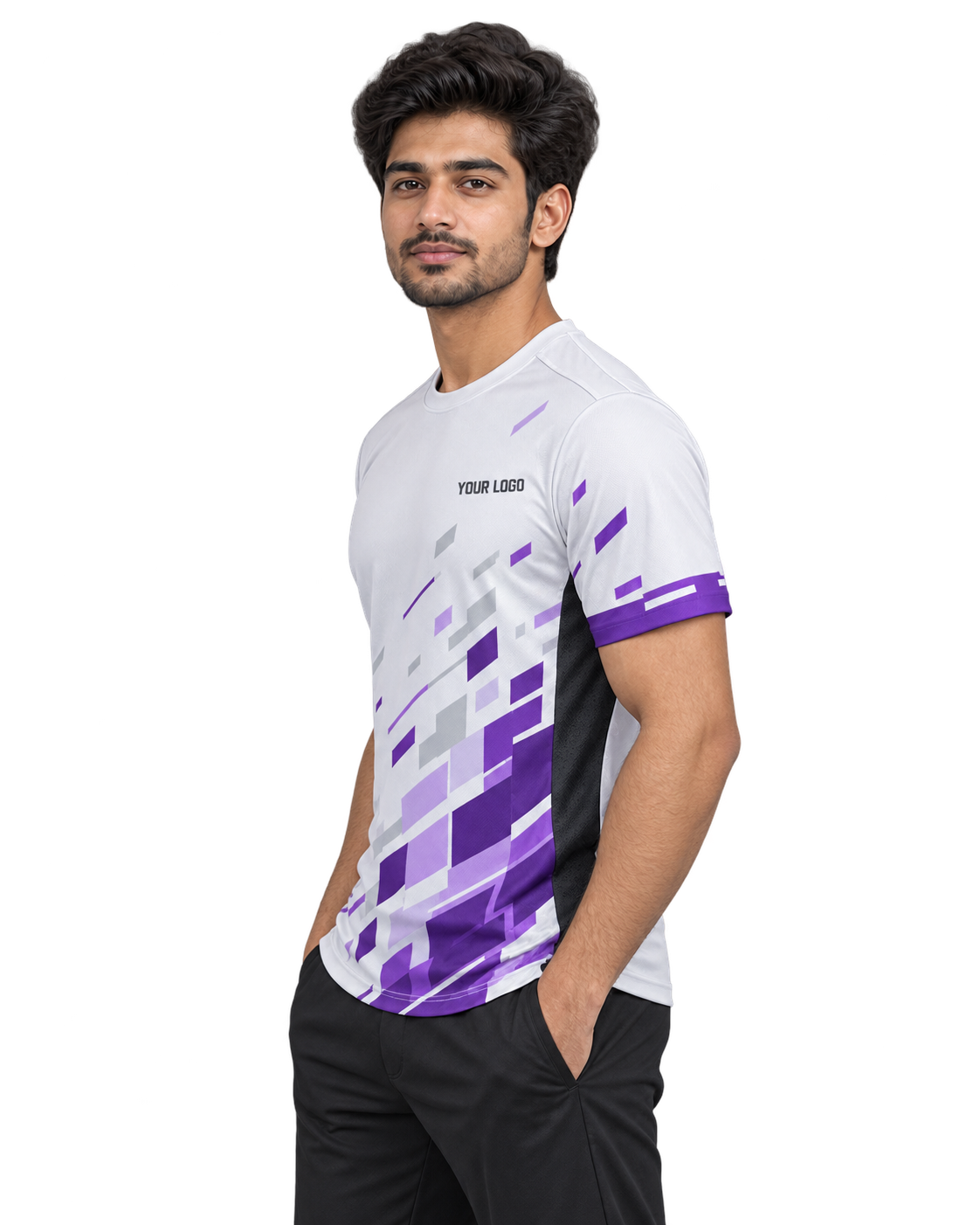 Pixel Sprint Custom Name & Number Jersey — single Indian male model right-side view