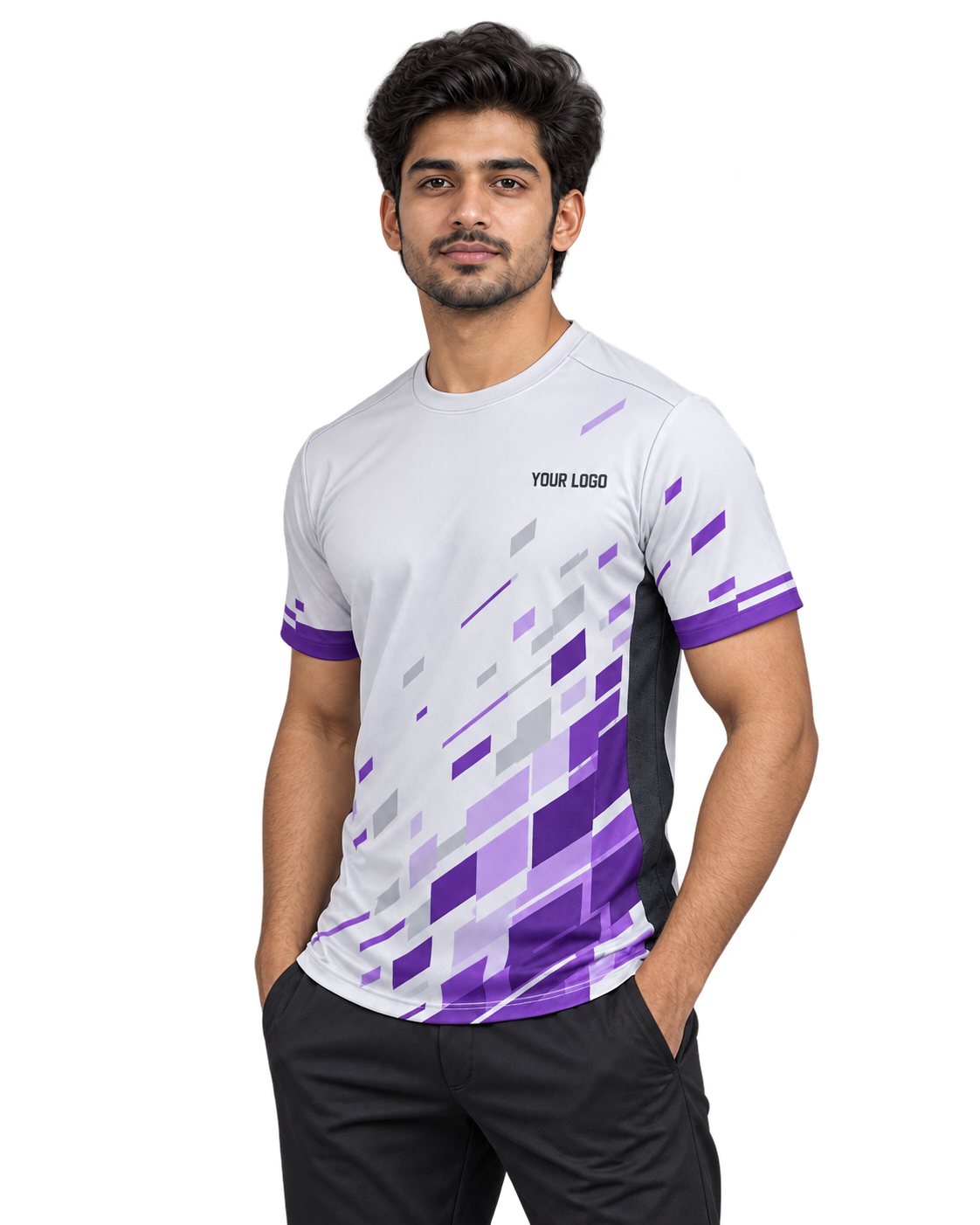 Pixel Sprint Custom Name & Number Jersey — single Indian male model three-quarter view