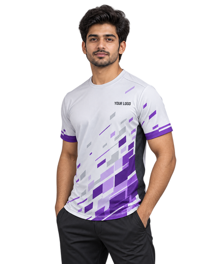Pixel Sprint Custom Name & Number Jersey — single Indian male model three-quarter view