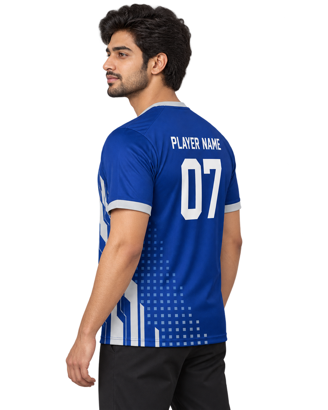 Pulse Grid Custom Name & Number Jersey — single Indian male model left-side view
