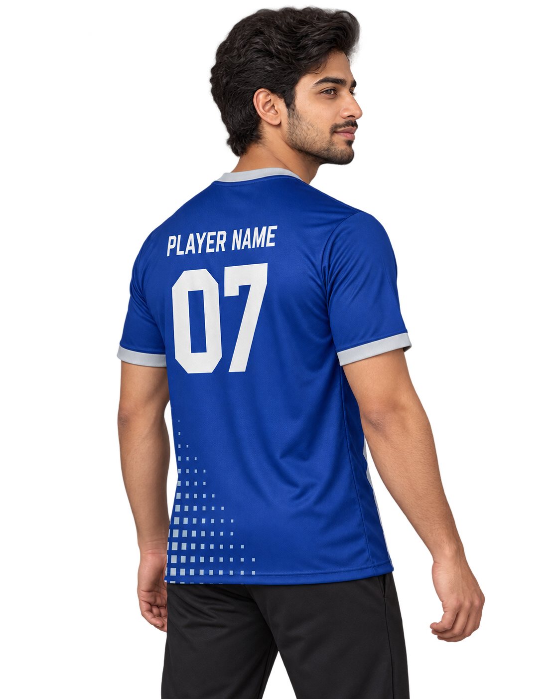 Pulse Grid Custom Name & Number Jersey — single Indian male model right-side view