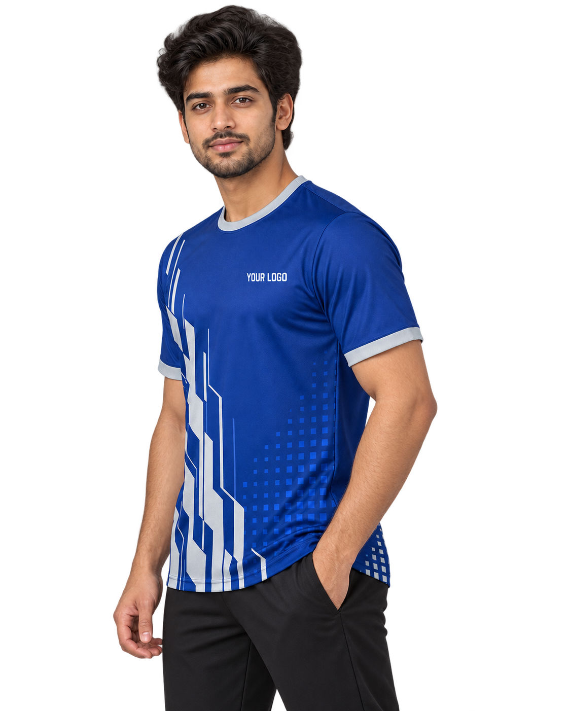 Pulse Grid Custom Name & Number Jersey — single Indian male model three-quarter view