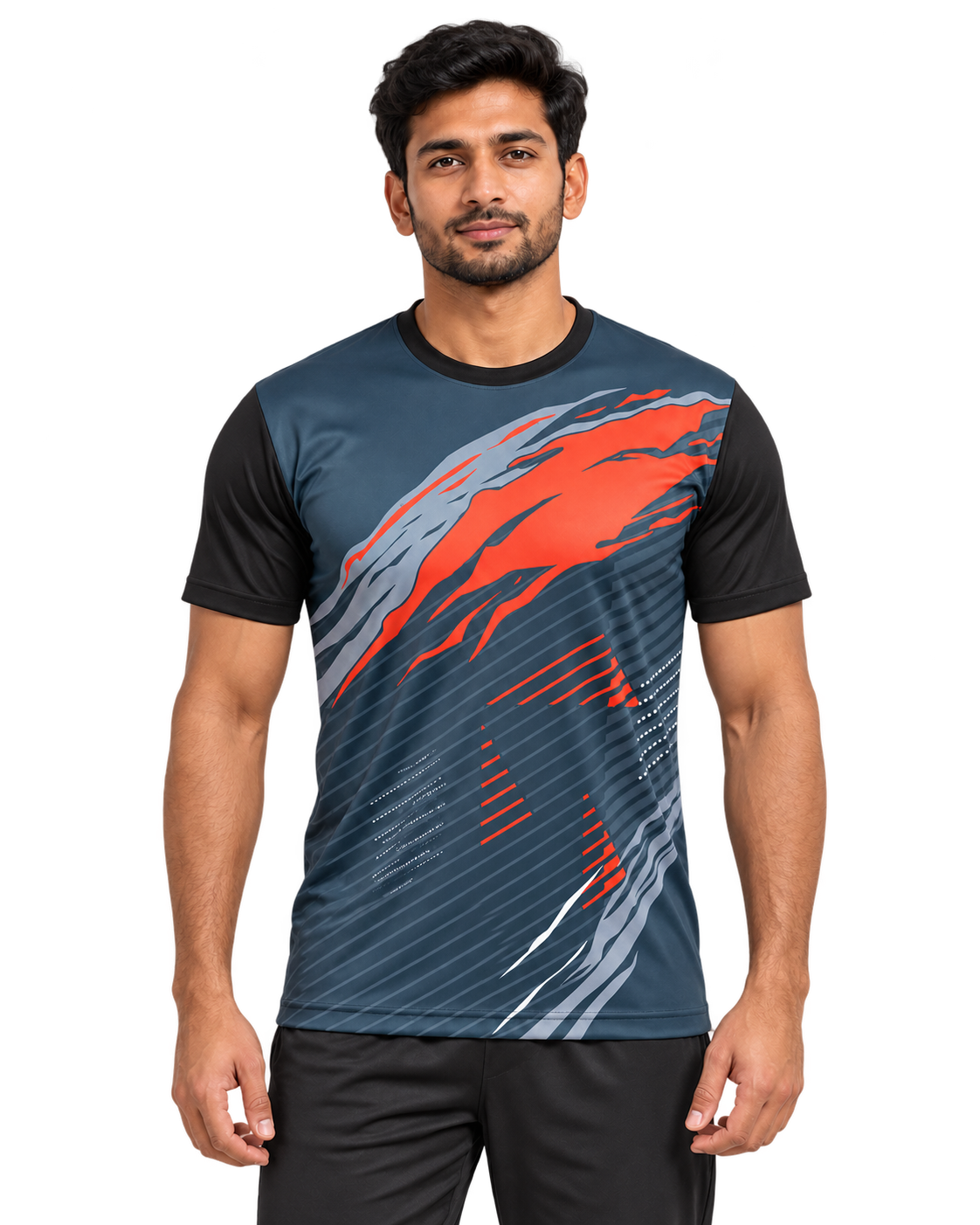 Indian male model wearing charcoal red round neck sports jersey, front view on seamless grey canvas
