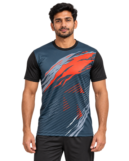 Indian male model wearing charcoal red round neck sports jersey, front view on seamless grey canvas