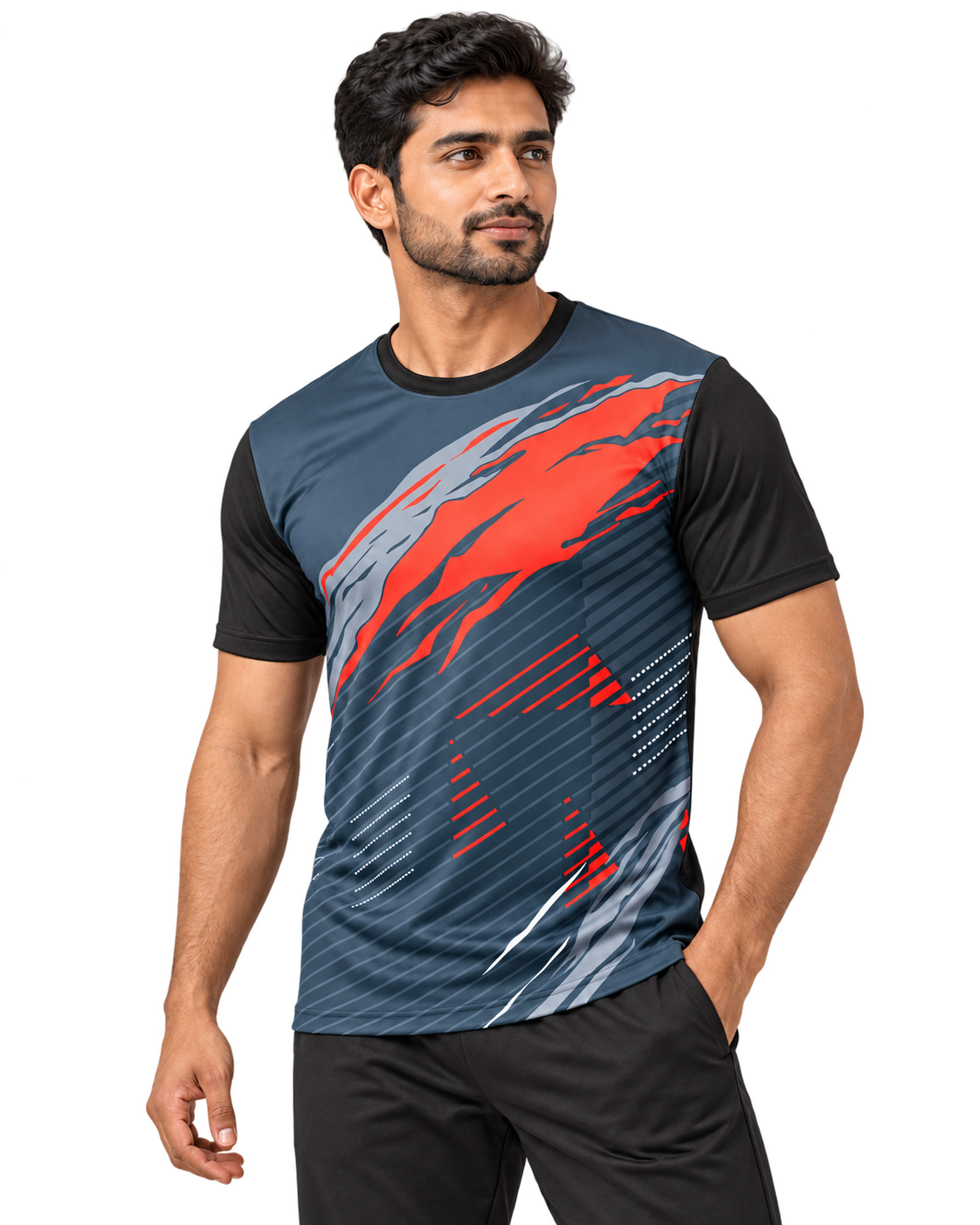 Indian male model wearing charcoal red jersey, front three quarter view