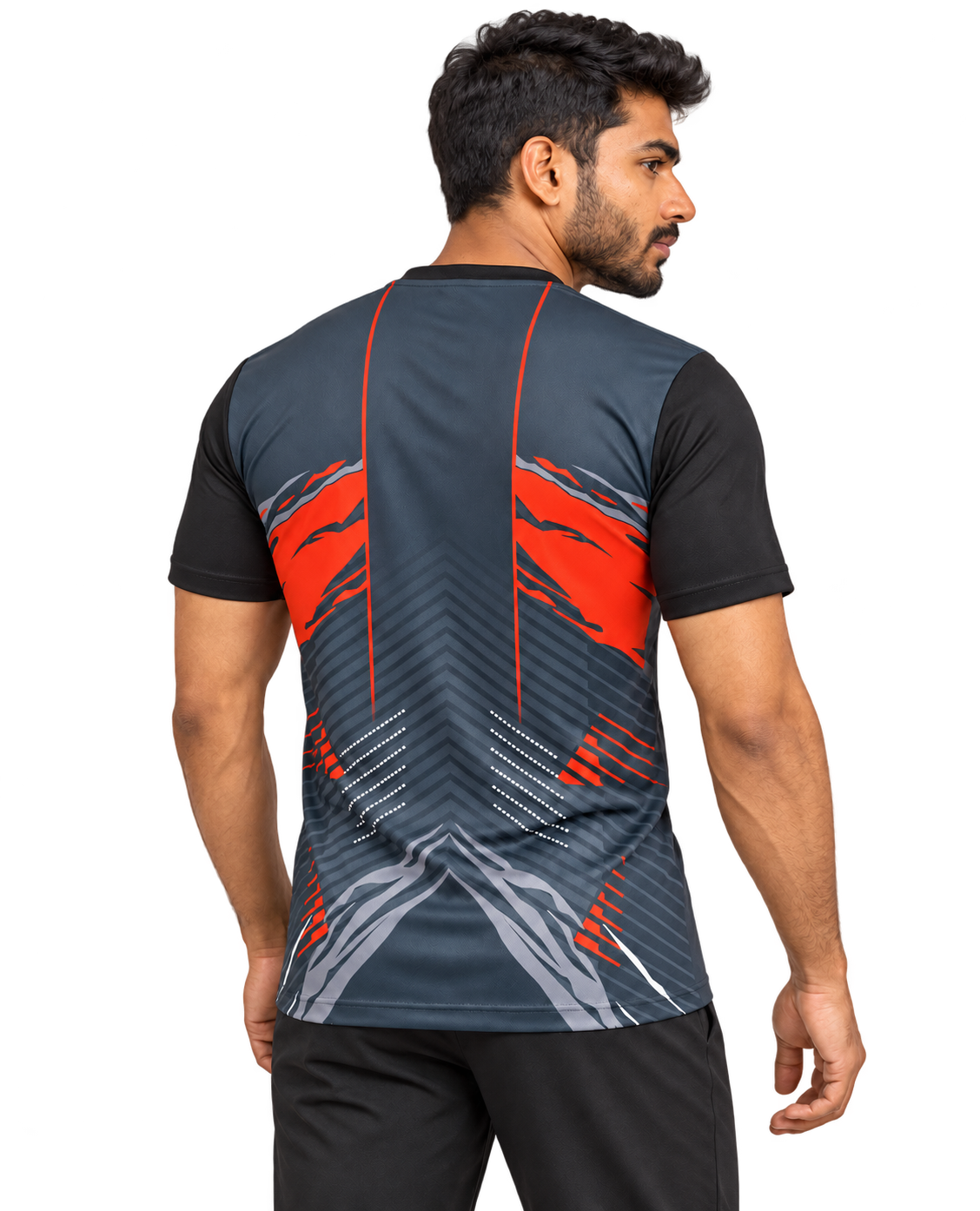 Indian male model wearing charcoal red jersey, rear three quarter view
