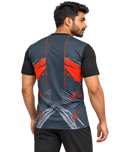 Indian male model wearing charcoal red jersey, rear three quarter view