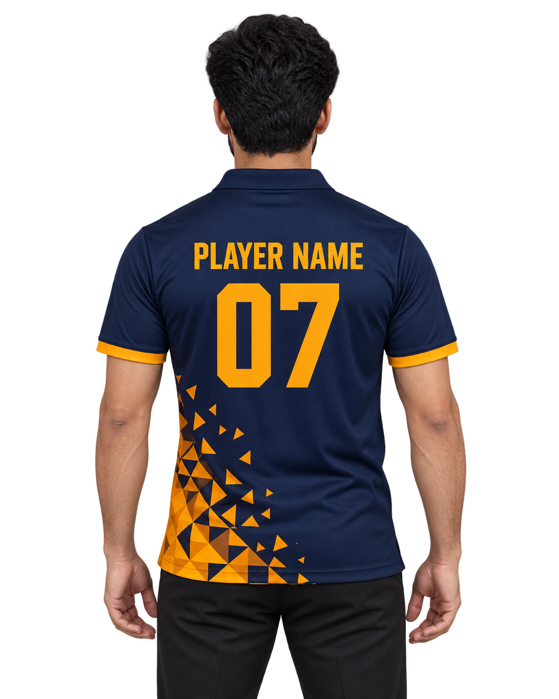 Solar Crest Custom Name & Number Sports Polo — single Indian male model back view