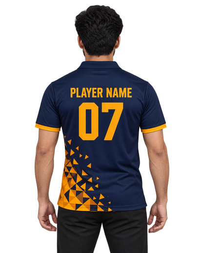 Solar Crest Custom Name & Number Sports Polo — single Indian male model back view
