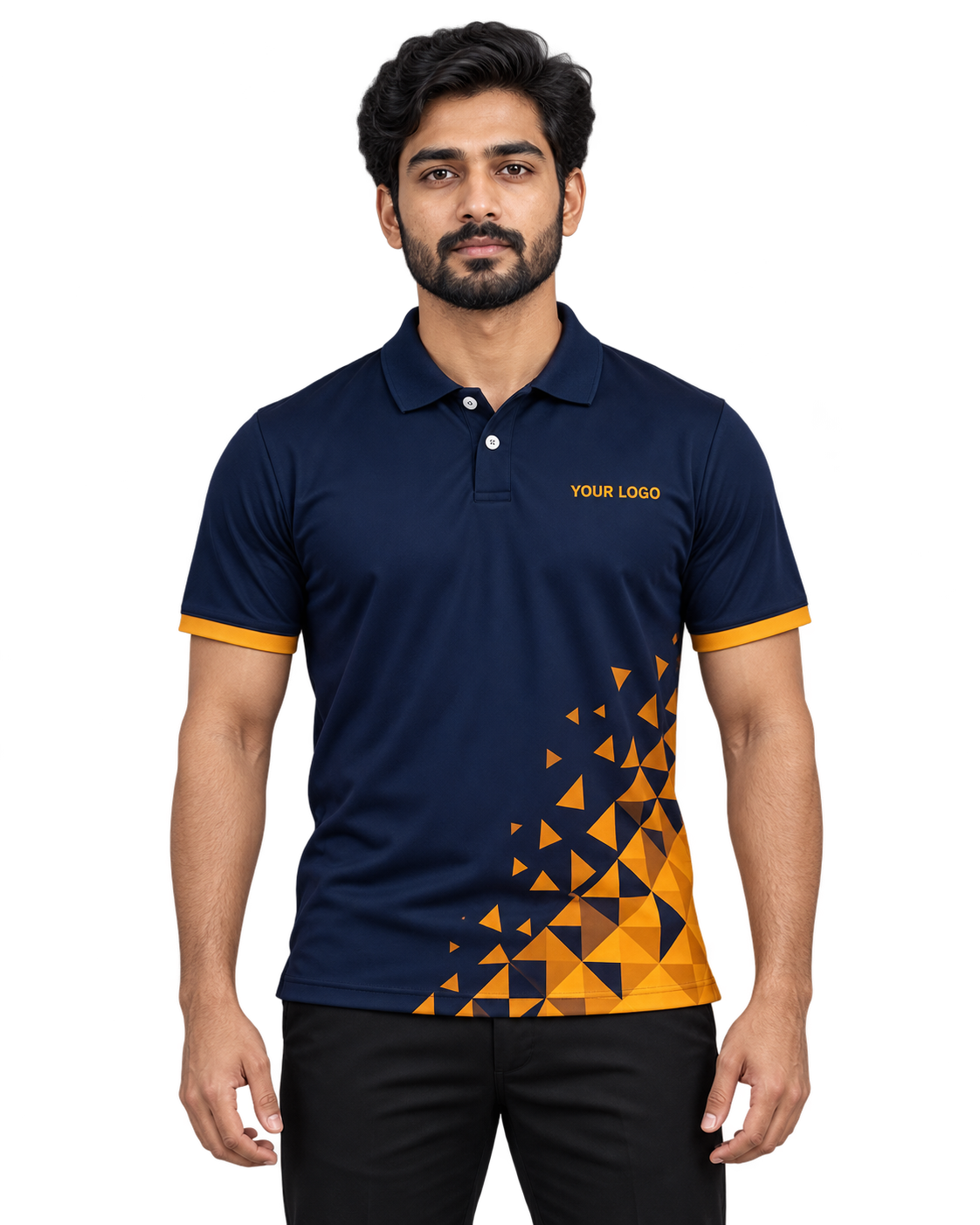 Solar Crest Custom Name & Number Sports Polo — single Indian male model front view
