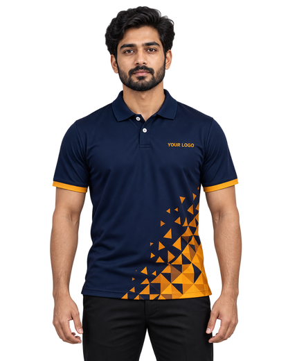 Solar Crest Custom Name & Number Sports Polo — single Indian male model front view