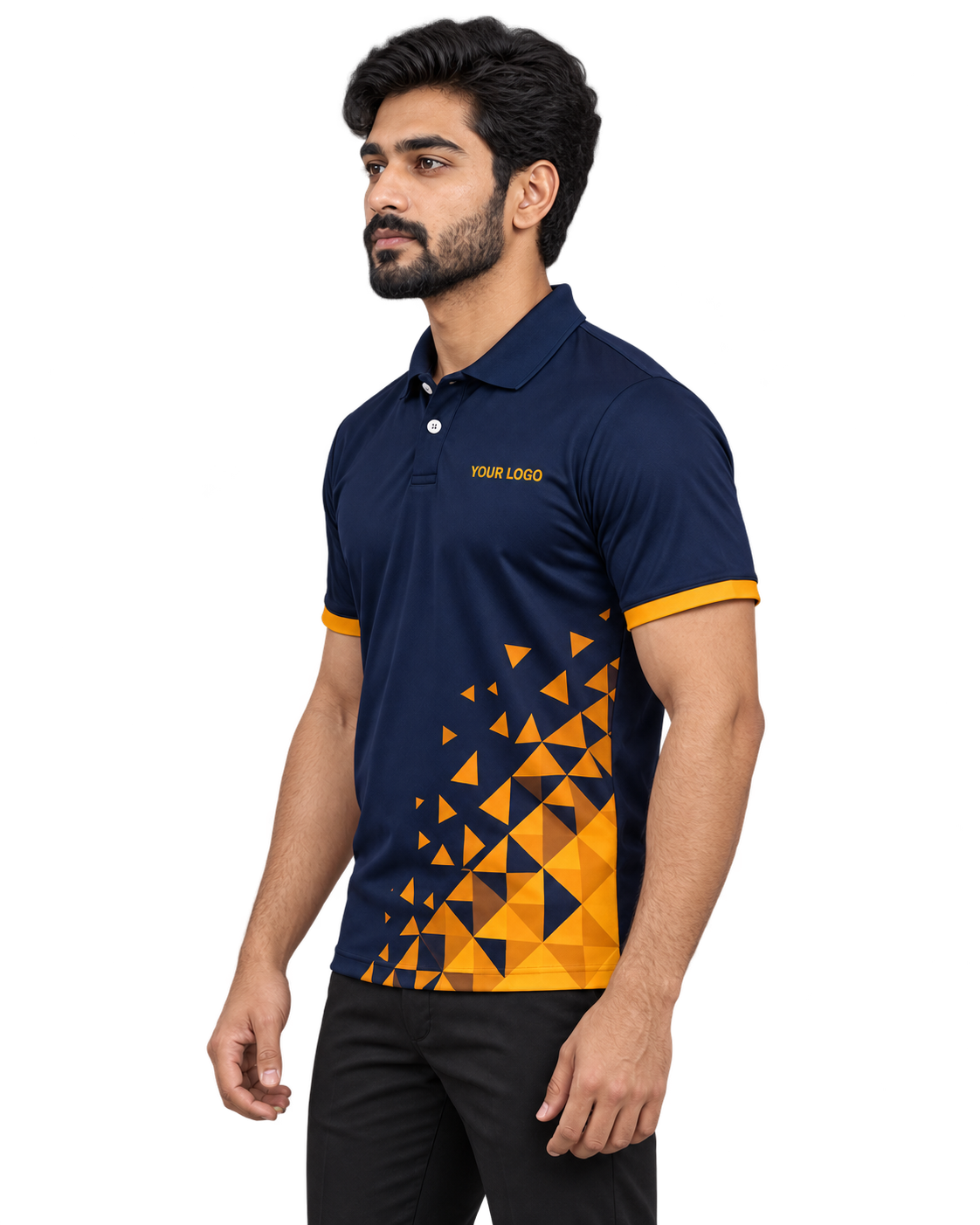 Solar Crest Custom Name & Number Sports Polo — single Indian male model left-side view