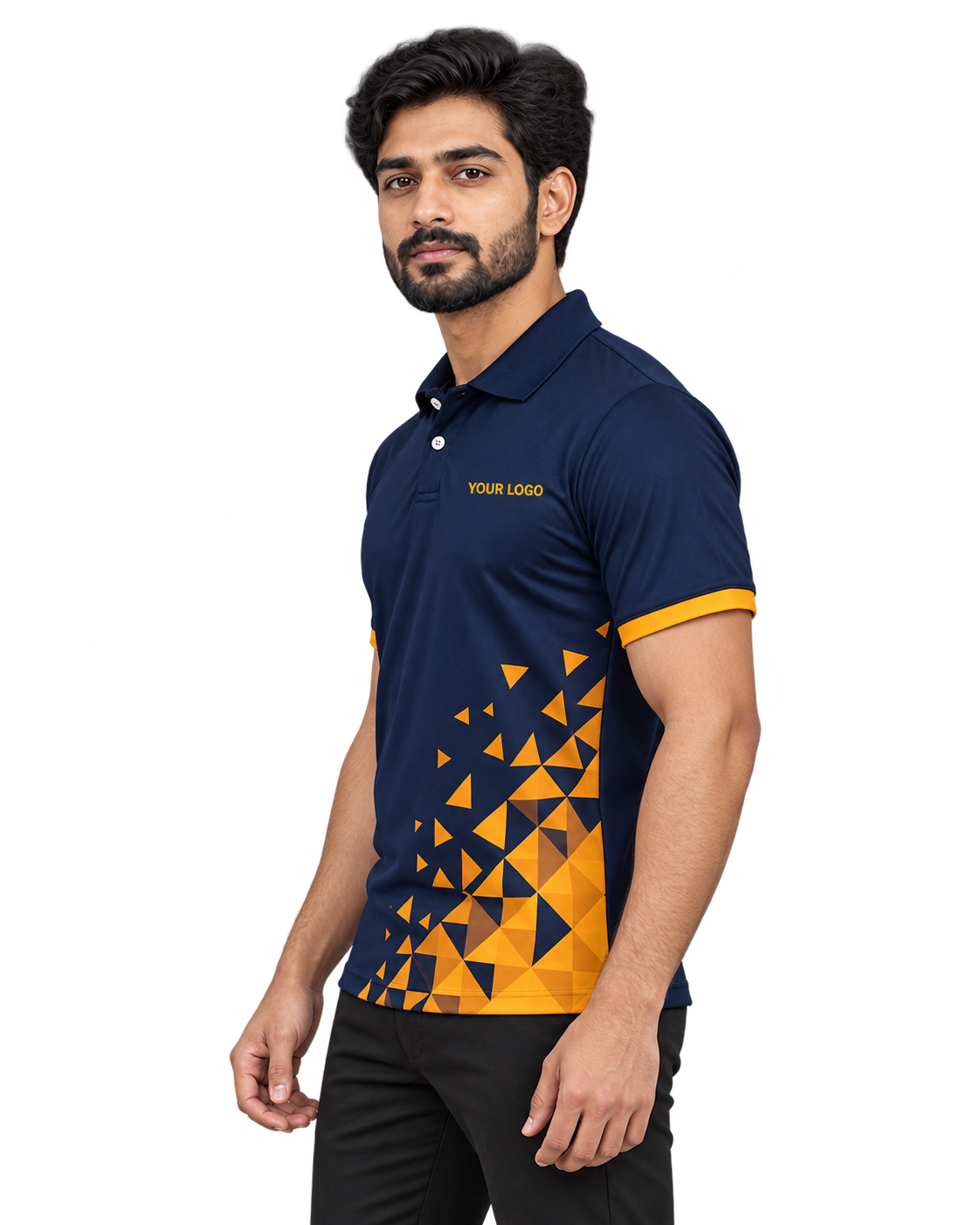 Solar Crest Custom Name & Number Sports Polo — single Indian male model right-side view