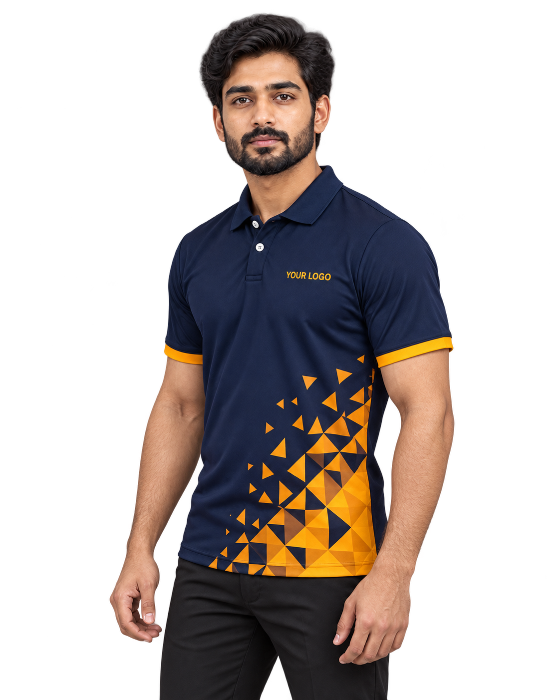 Solar Crest Custom Name & Number Sports Polo — single Indian male model three-quarter view