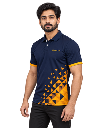 Solar Crest Custom Name & Number Sports Polo — single Indian male model three-quarter view