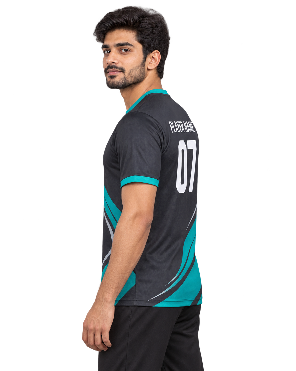 Vortex Rush Custom Name & Number Jersey — single Indian male model left-side view