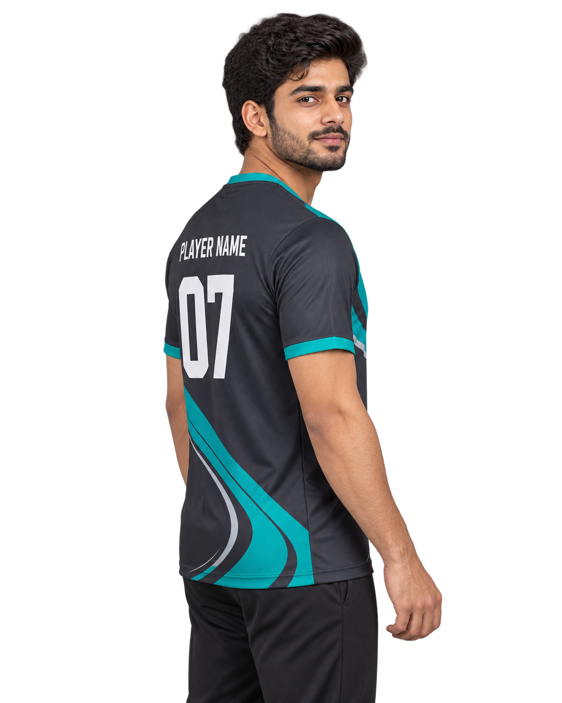Vortex Rush Custom Name & Number Jersey — single Indian male model right-side view