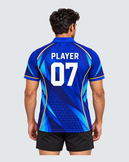 Cobalt Motion, Back view with PLAYER and 07 placeholders; Indian male model, black sports shorts, solid #E4E7E9 background, portrait 4:5