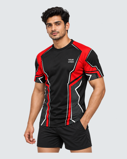 Crimson Frame, Three-quarter front view; Indian male model, black sports shorts, solid #E4E7E9 background, portrait 4:5