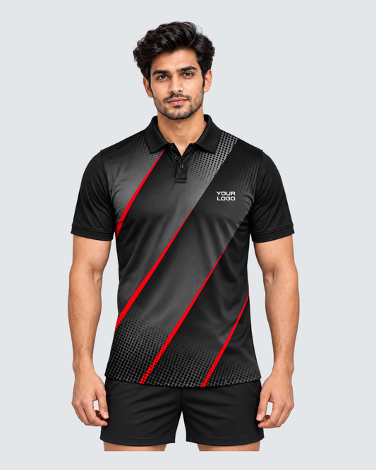 Obsidian Rush, Front view with YOUR LOGO chest placement; Indian male model, black sports shorts, solid #E4E7E9 background, portrait 4:5