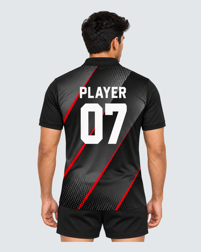 Obsidian Rush, Back view with PLAYER and 07 placeholders; Indian male model, black sports shorts, solid #E4E7E9 background, portrait 4:5