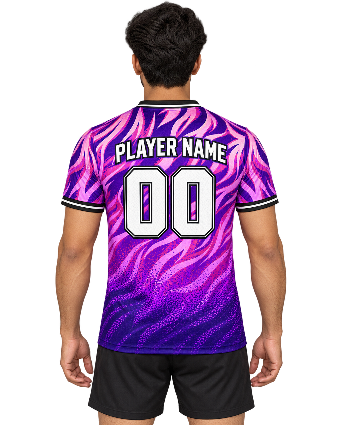 Indian male model wearing violet and pink flame-wave V-neck sports jersey with PLAYER NAME and 00, back view