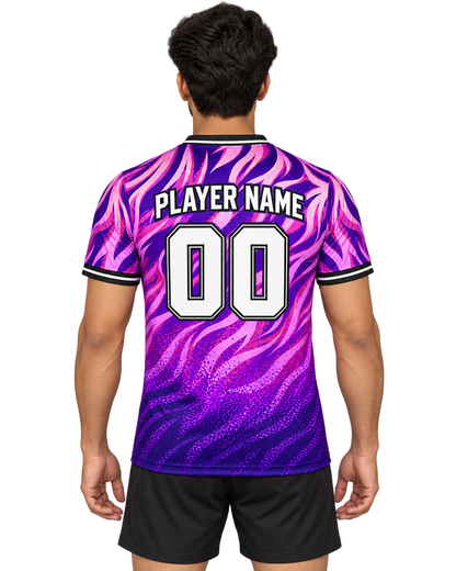 Indian male model wearing violet and pink flame-wave V-neck sports jersey with PLAYER NAME and 00, back view