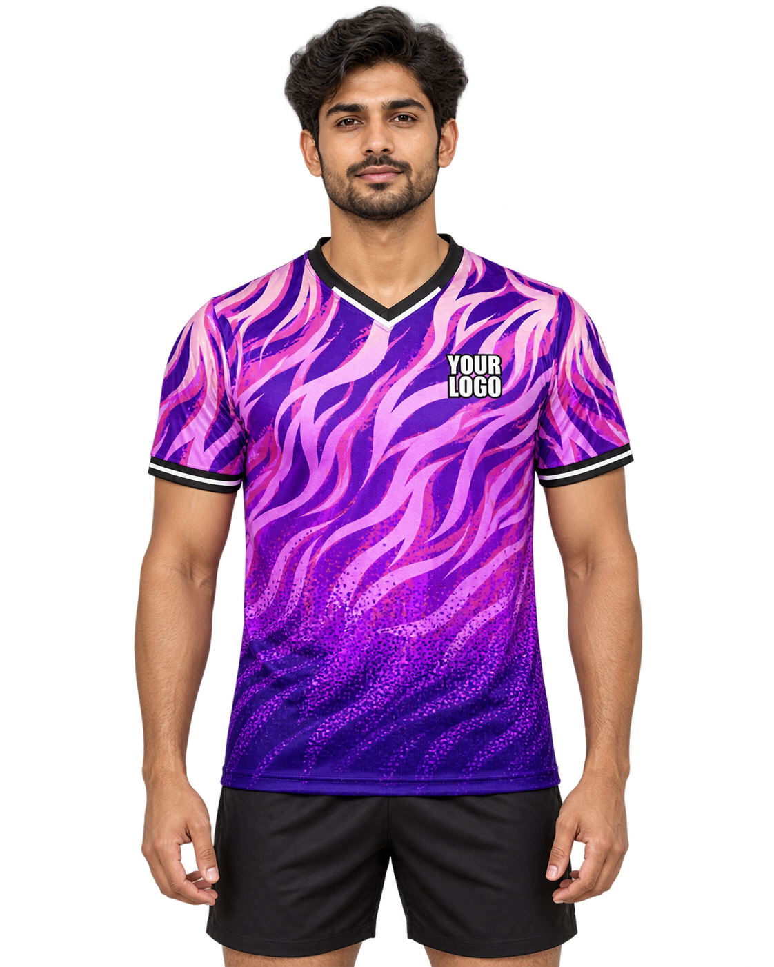 Indian male model wearing violet and pink flame-wave V-neck sports jersey, front view