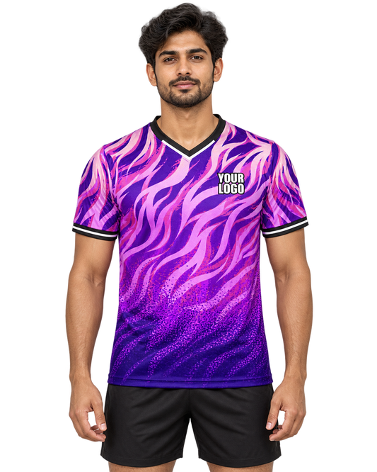 Indian male model wearing violet and pink flame-wave V-neck sports jersey, front view