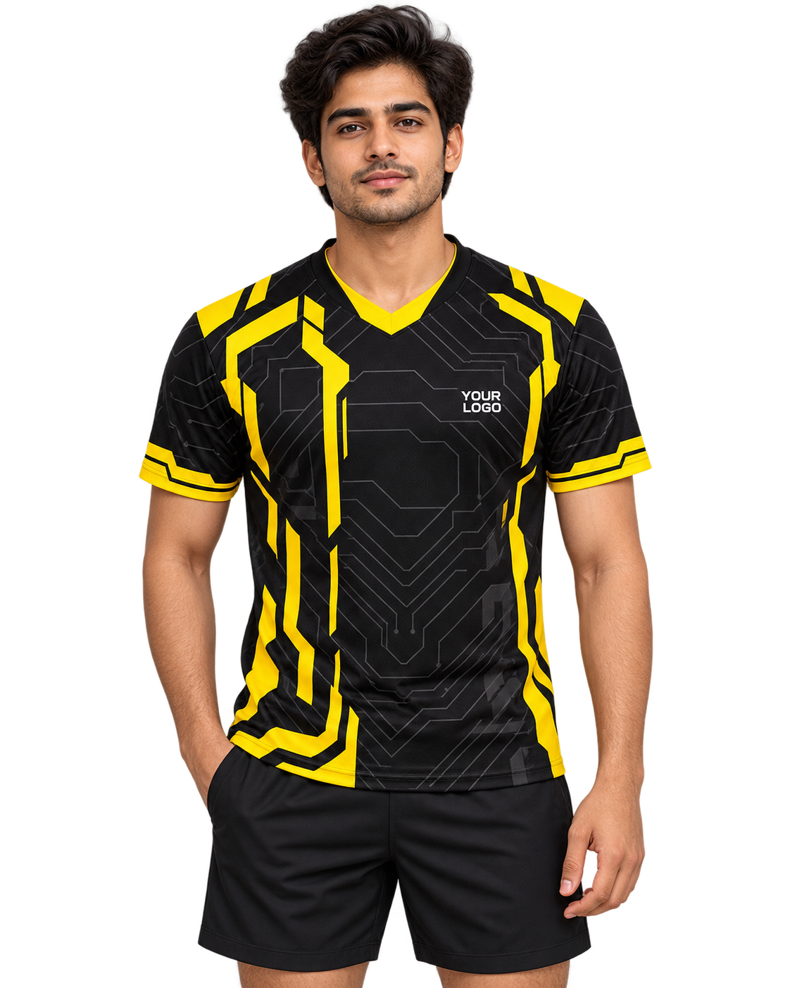 Yellow Circuit custom V-neck sports jersey front view