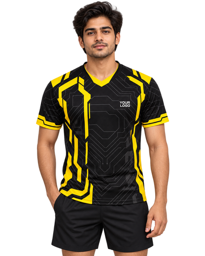 Yellow Circuit custom V-neck sports jersey front view