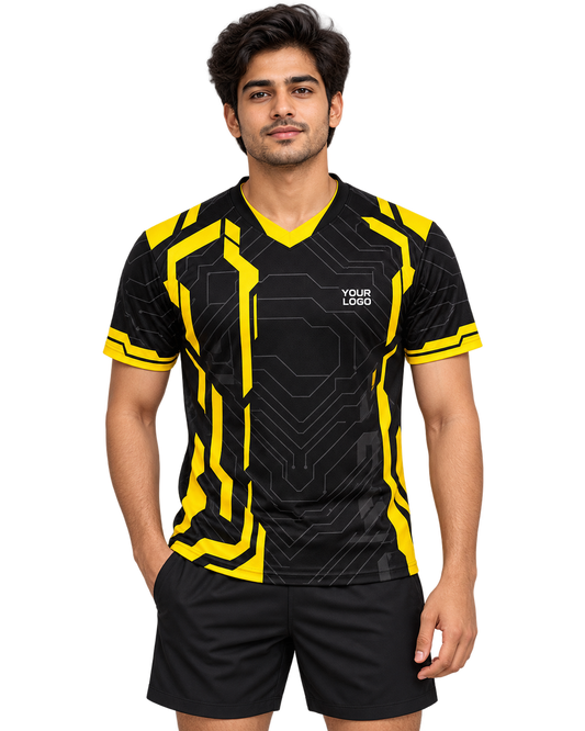 Yellow Circuit custom V-neck sports jersey front view